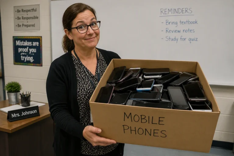 teacher with box of mobile phones